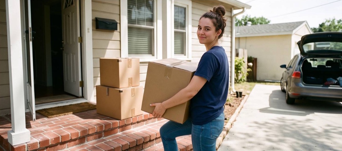 A student carrying a moving box out of a house
