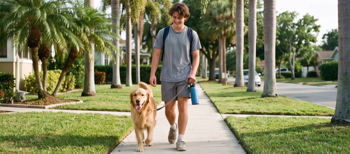 A student walking a golden retriever down a palm-lined sidewalk