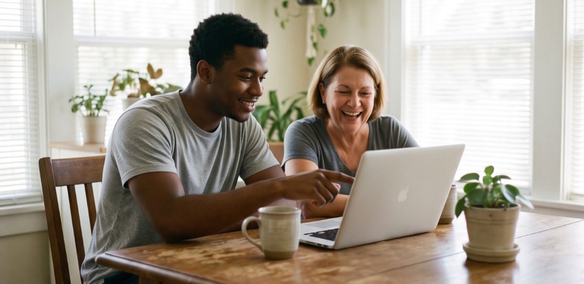 A student helping a woman with her laptop at a kitchen table