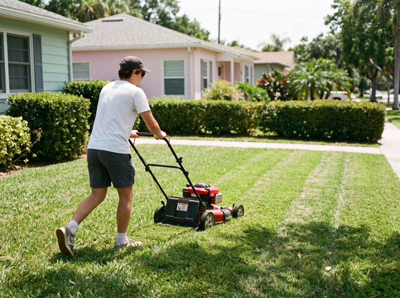 A student mowing a front lawn